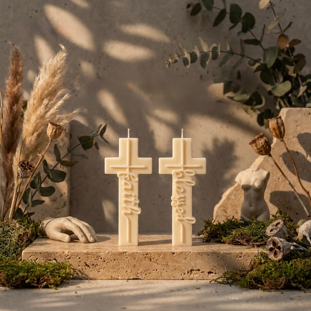 blessed and faith cross sculpted candle 2 pack