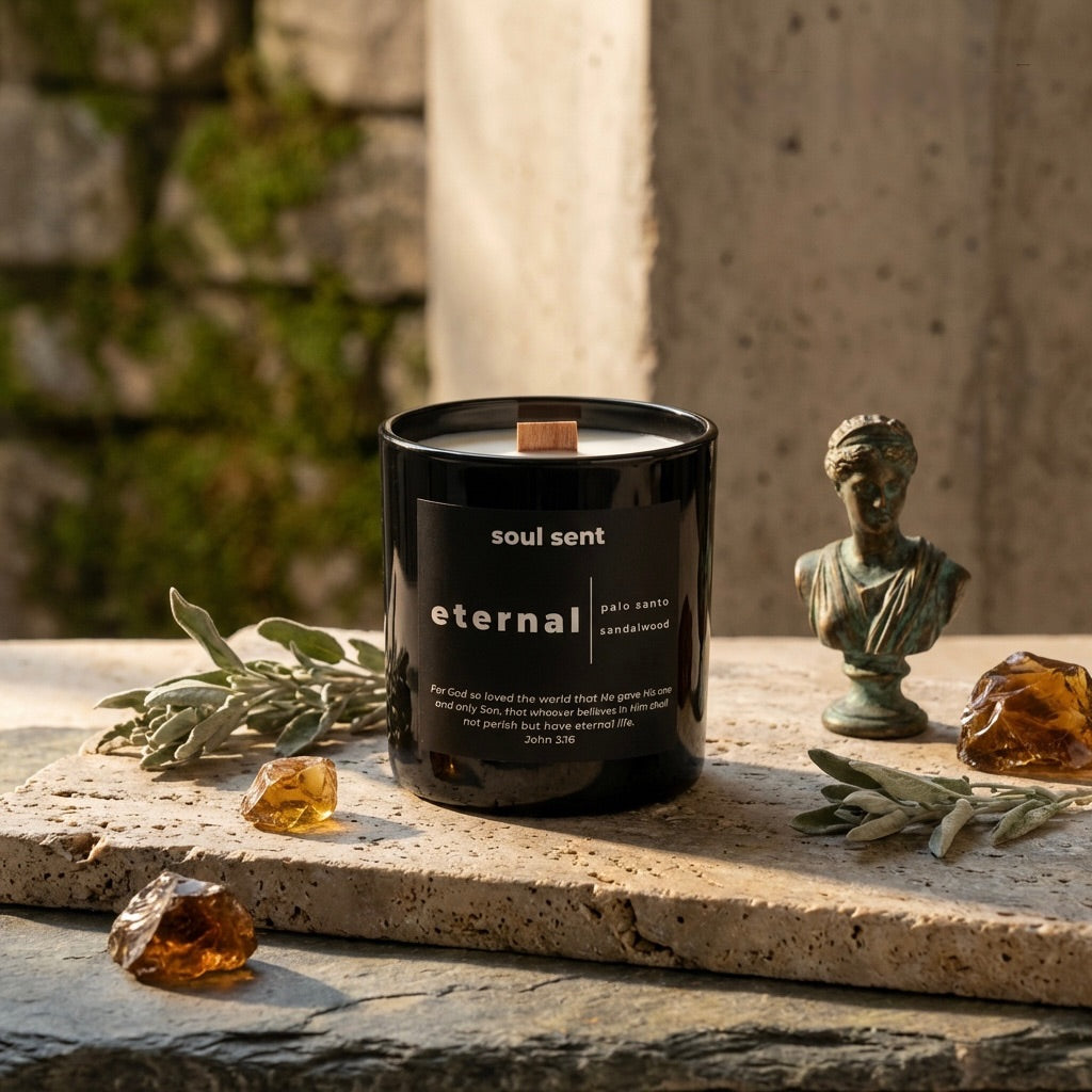 Soul Sent Eternal luxury Christian candle handcrafted with coconut soy wax and a natural wood wick. Palo santo and sandalwood fragrance inspired by John 3:16 for a peaceful, faith-filled home.