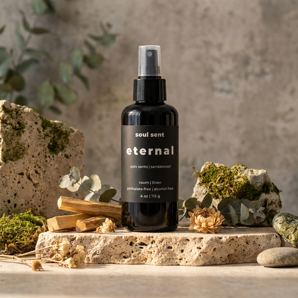 Soul Sent Eternal luxury room and linen spray with palo santo and sandalwood fragrance. Alcohol-free, phthalate-free home fragrance spray for bedrooms, linens, living spaces, and everyday luxury.