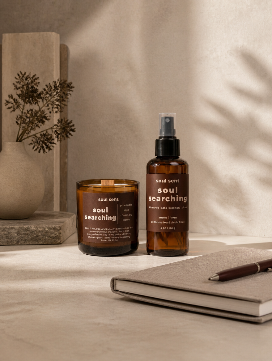 Soul Sent Soul Searching luxury home fragrance collection featuring a coconut soy wood wick candle and room and linen spray with pineapple, sage, rosemary, and citrus notes in a warm minimalist home office setting.