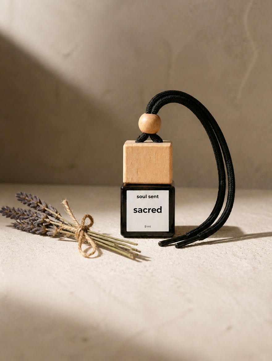 Soul Sent Sacred car diffuser featuring a cedar musk and lavender fragrance, hanging from a rearview mirror as a luxury car scent with warm woody and calming floral notes.