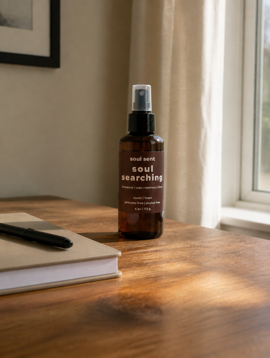 Soul Sent Soul Searching Room & Linen Spray with pineapple, sage, rosemary, and citrus fragrance in an amber bottle displayed in a warm minimalist home.