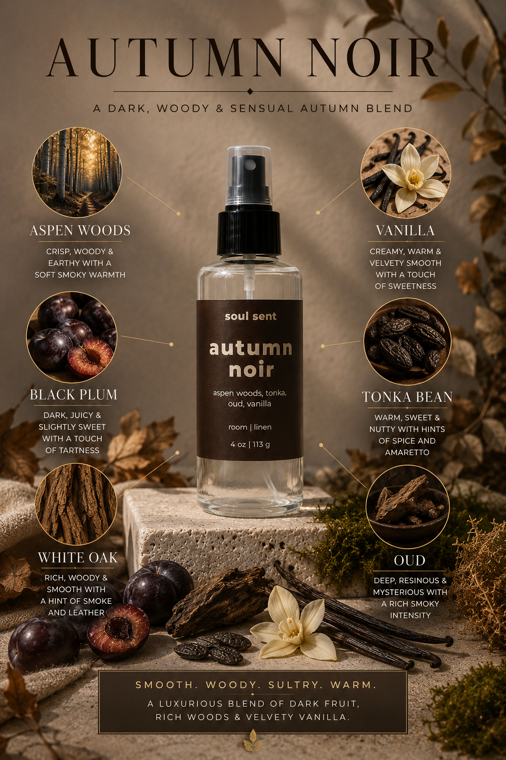 Autumn Noir Room & Linen Spray | Woody Vanilla & Oud Fall Home Fragrance Soul Sent