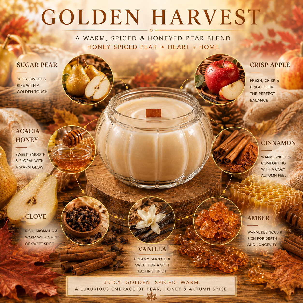 Golden Harvest 14 oz Pumpkin Jar Candle | Honey Spiced Pear, Apple & Cinnamon Wood Wick Candle Soul Sent